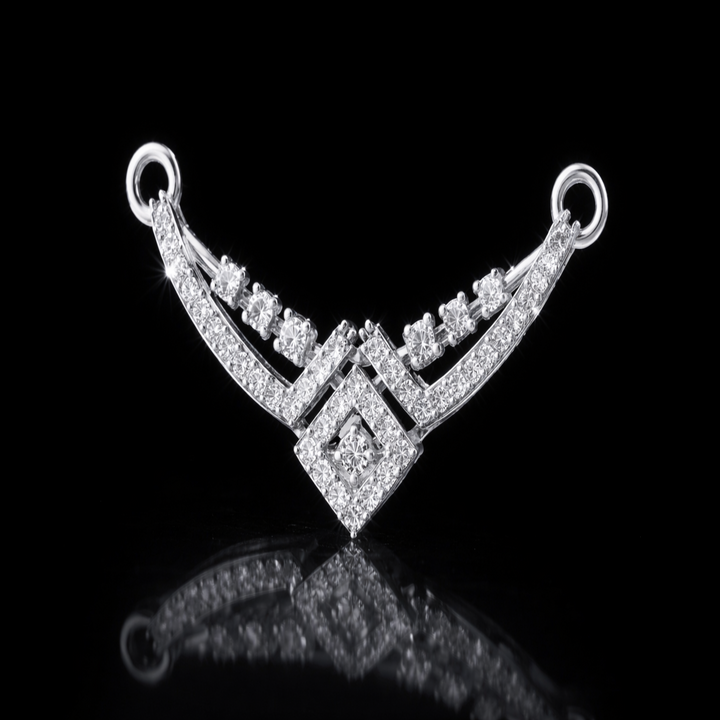 925 Sterling Silver Geometric V-Shape Tanmaniya Pendant – Sparkling CZ Square Halo Mangalsutra Pendant for Women