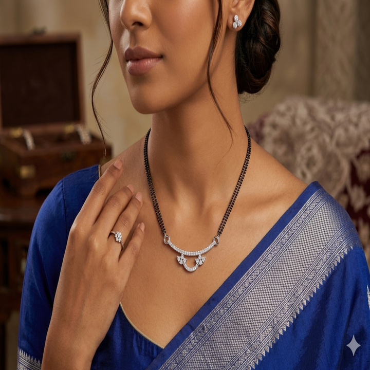 925 Sterling Silver Arched Tanmaniya Pendant – Sparkling CZ Double Crescent Mangalsutra Pendant for Women