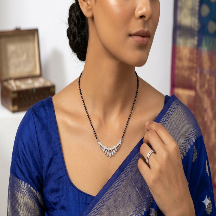 Silver Radiant Wing Tanmaniya – Elegant Traditional Mangalsutra Pendant with Two Diamond Marquise-Shape CZ Accents and Geometric Arch