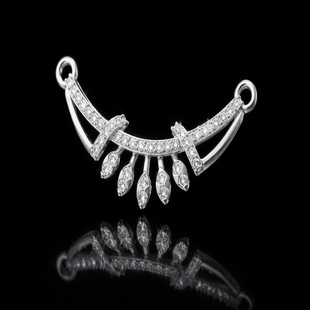 Silver Radiant Wing Tanmaniya – Elegant Traditional Mangalsutra Pendant with Two Diamond Marquise-Shape CZ Accents and Geometric Arch