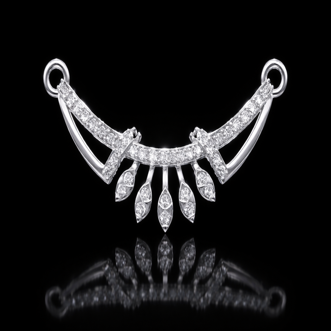 Silver Radiant Wing Tanmaniya – Elegant Traditional Mangalsutra Pendant with Two Diamond Marquise-Shape CZ Accents and Geometric Arch