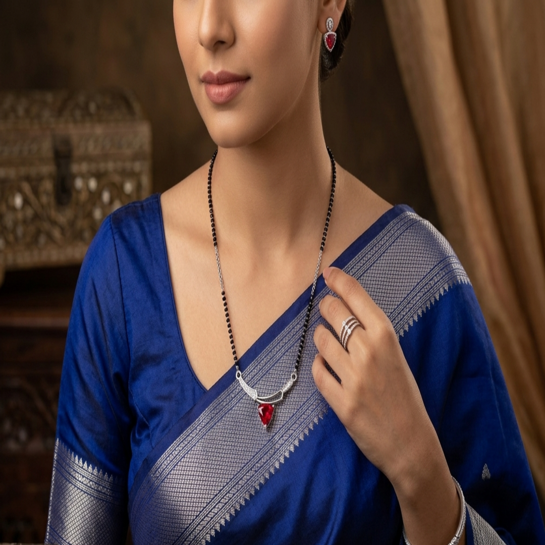 Silver Crimson Glow Tanmaniya – Elegant Traditional Mangalsutra Pendant with Vibrant Red Trillion Centerpiece and CZ Accents