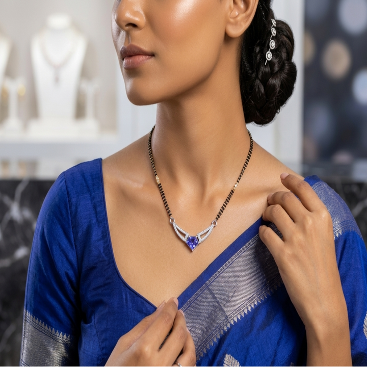 Silver Sapphire-Inspired Tanmaniya – Elegant Traditional Mangalsutra Pendant with Vibrant Blue Pentagon Centerpiece and CZ Accents