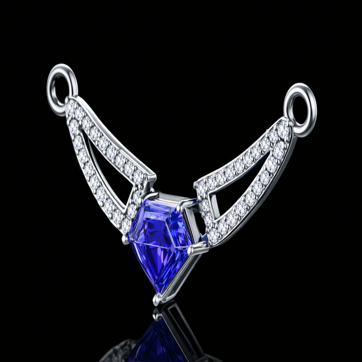 Silver Sapphire-Inspired Tanmaniya – Elegant Traditional Mangalsutra Pendant with Vibrant Blue Pentagon Centerpiece and CZ Accents