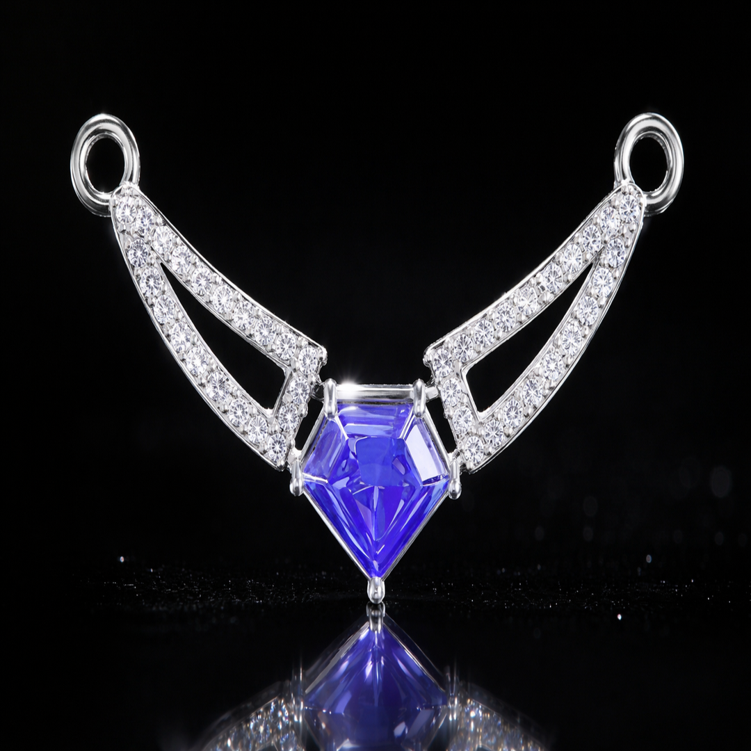 Silver Sapphire-Inspired Tanmaniya – Elegant Traditional Mangalsutra Pendant with Vibrant Blue Pentagon Centerpiece and CZ Accents