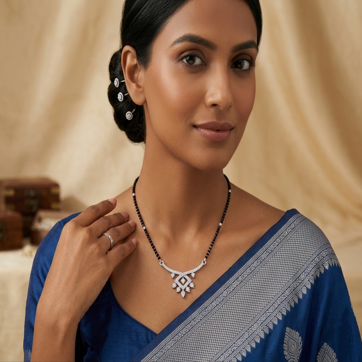 Sterling Silver Shimmering Lattice Tanmaniya – Contemporary Designer Mangalsutra Pendant with Geometric Sparkle