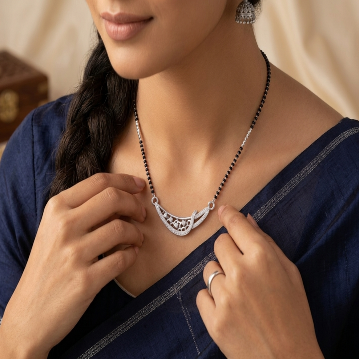 925 Sterling Silver Asymmetrical Tanmaniya Pendant – Sparkling CZ Crossover Mangalsutra Pendant for Women