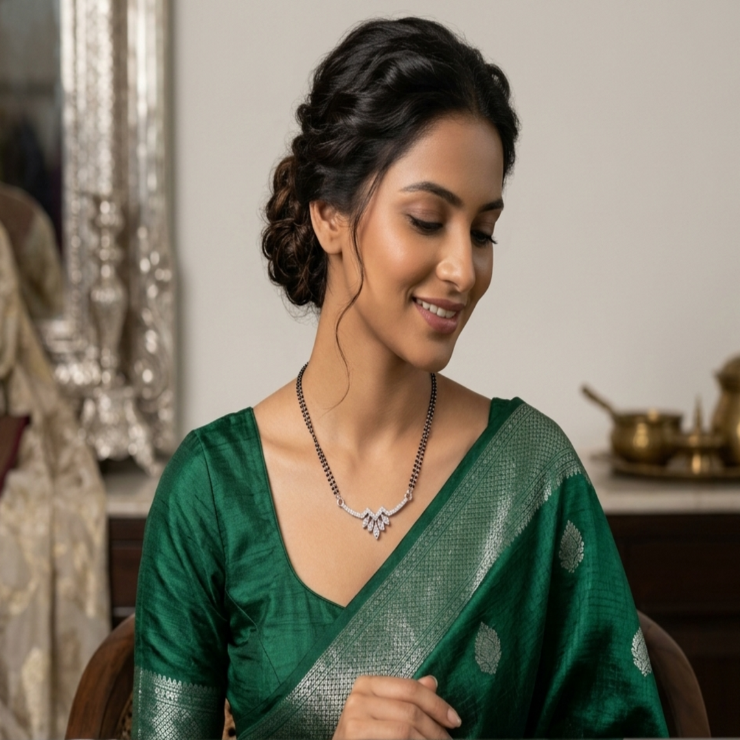 925 Sterling Silver Zig-Zag Petal Tanmaniya – Modern Sparkling Floral Mangalsutra Pendant