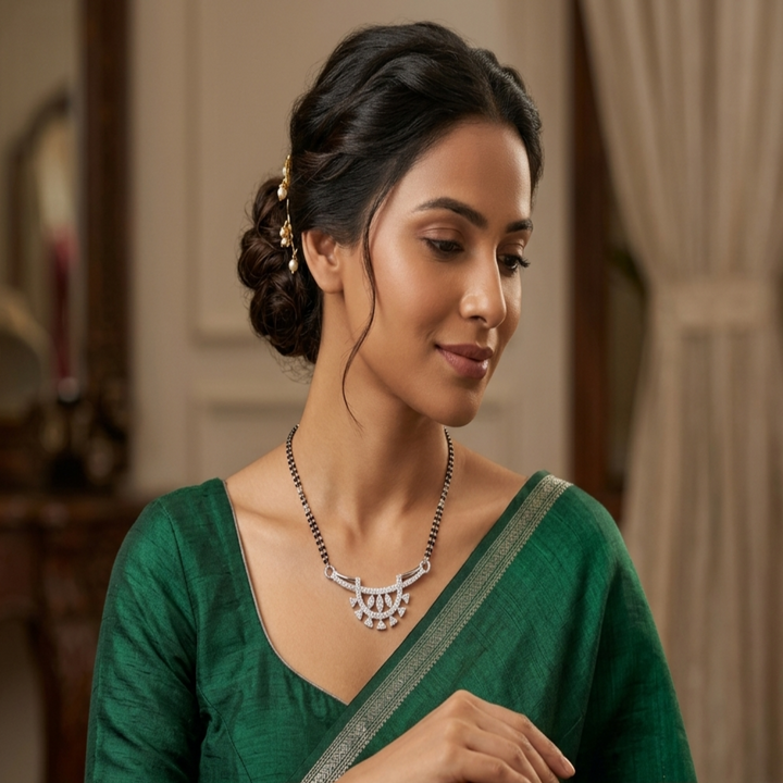 925 Sterling Silver Radiant Chandbali Tanmaniya – Modern Half-Moon Mangalsutra Pendant