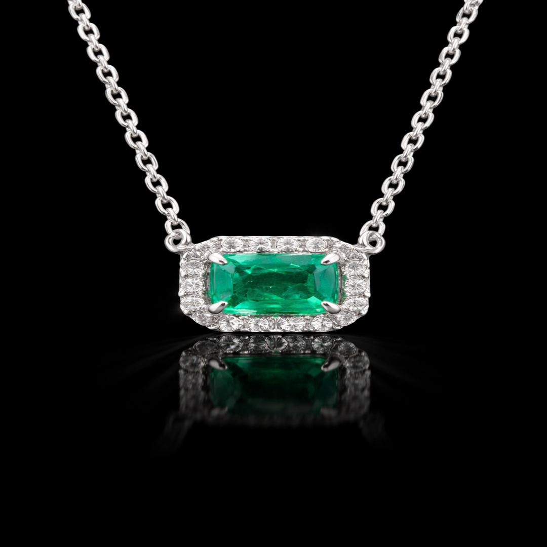 925 Sterling Silver Emerald-Cut Green Stone Pendant – Radiant Halo Statement Pendant