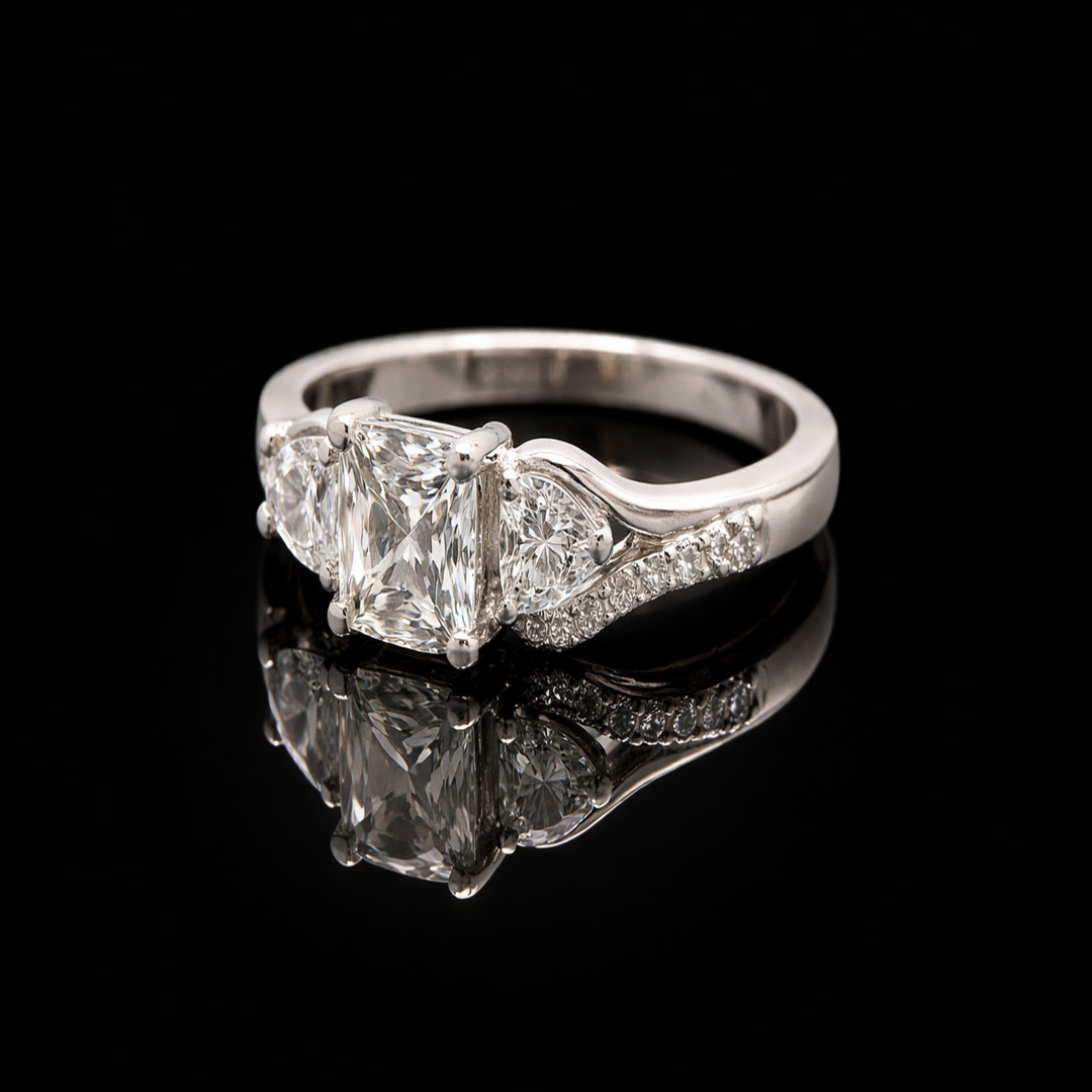 Unique Silver Cluster Ring with Asscher Center Stone - Tapered Crossover Fine Jewelry