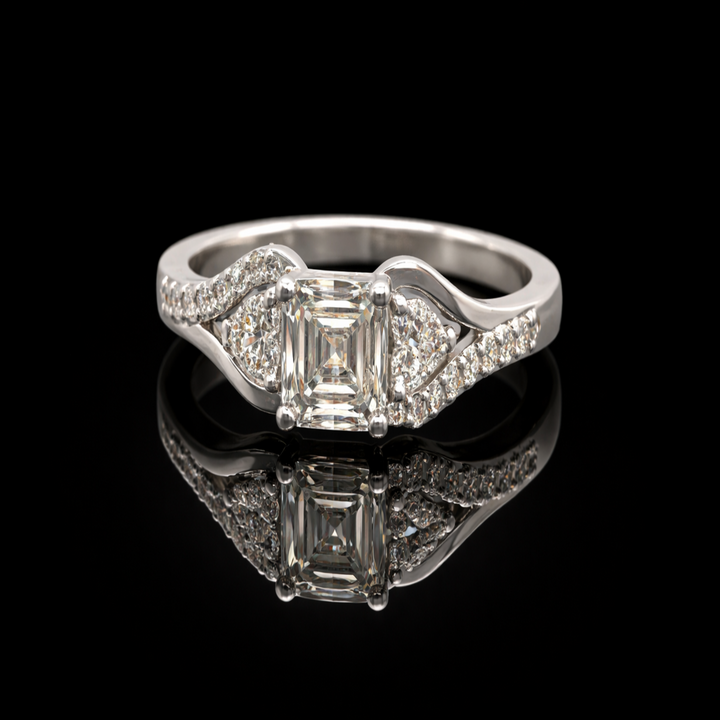 Unique Silver Cluster Ring with Asscher Center Stone - Tapered Crossover Fine Jewelry
