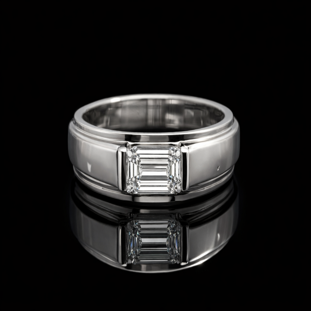 925 Sterling Silver Men’s Bar-Set Band – Horizontal Baguette Cut Accent Ring