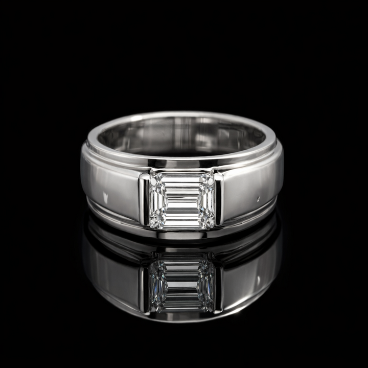 925 Sterling Silver Men’s Bar-Set Band – Horizontal Baguette Cut Accent Ring