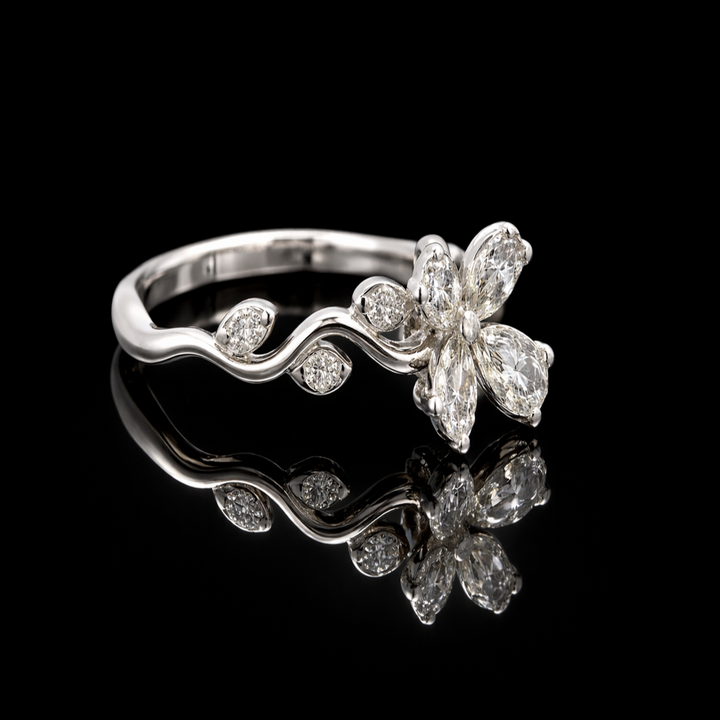 Unique Silver Floral Cluster Ring - Antique Style Pear Cut Zirconia Band - Fine Jewelry