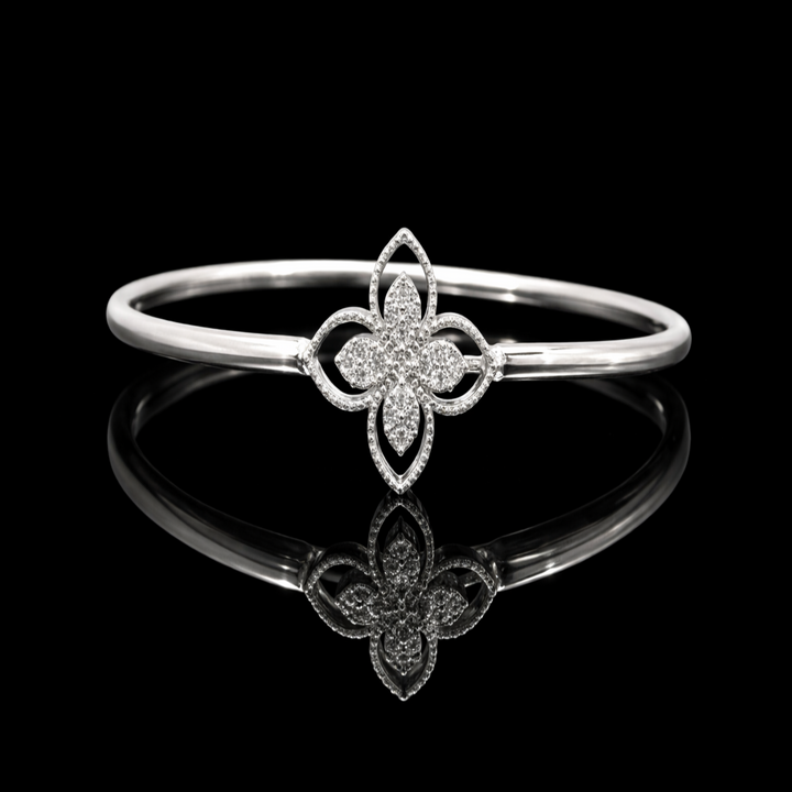 925 Sterling Silver Floral Clover Bangle – Sparkling Cubic Zirconia Quatrefoil Bracelet for Women – Adjustable Open-Style Stackable Silver Jewelry