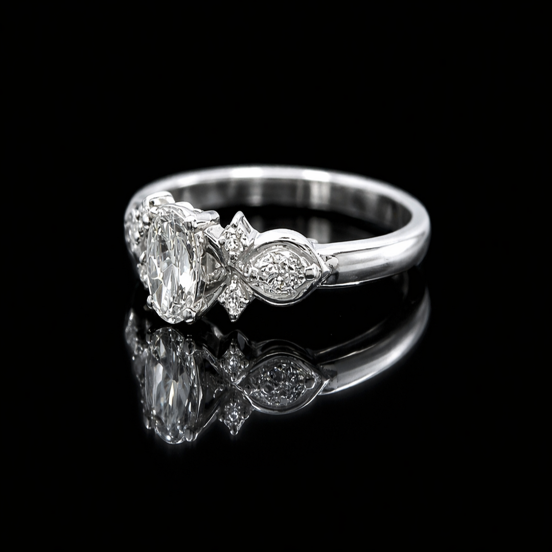 Vintage-Inspired Oval Silver Ring | Dainty Leaf &amp; Vine Zirconia Cluster Band