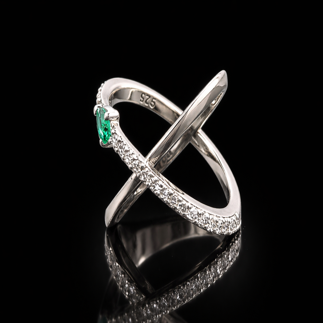 Minimalist Silver Crossover Ring | Emerald Green Teardrop Zirconia Criss-Cross Band