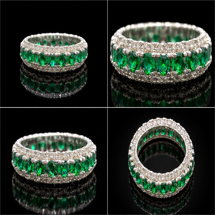 Sterling Silver Emerald Green Eternity Ring - Sparkling Multi-Stone Wedding Band - Gift for Her