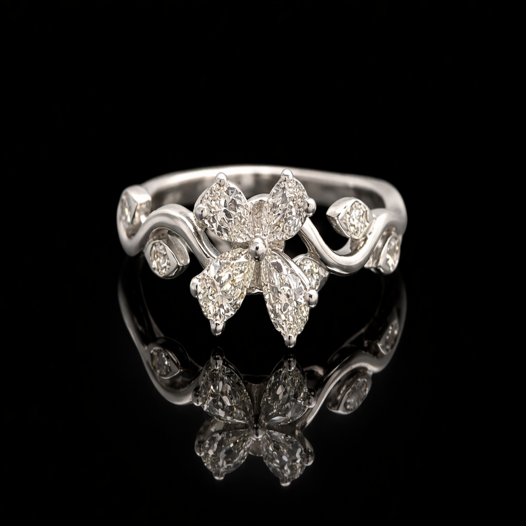 Unique Silver Floral Cluster Ring - Antique Style Pear Cut Zirconia Band - Fine Jewelry