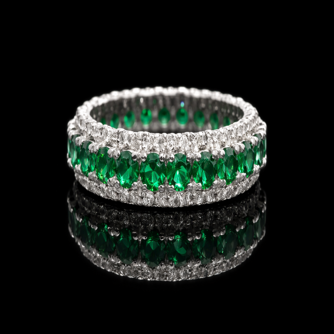 Sterling Silver Emerald Green Eternity Ring - Sparkling Multi-Stone Wedding Band - Gift for Her