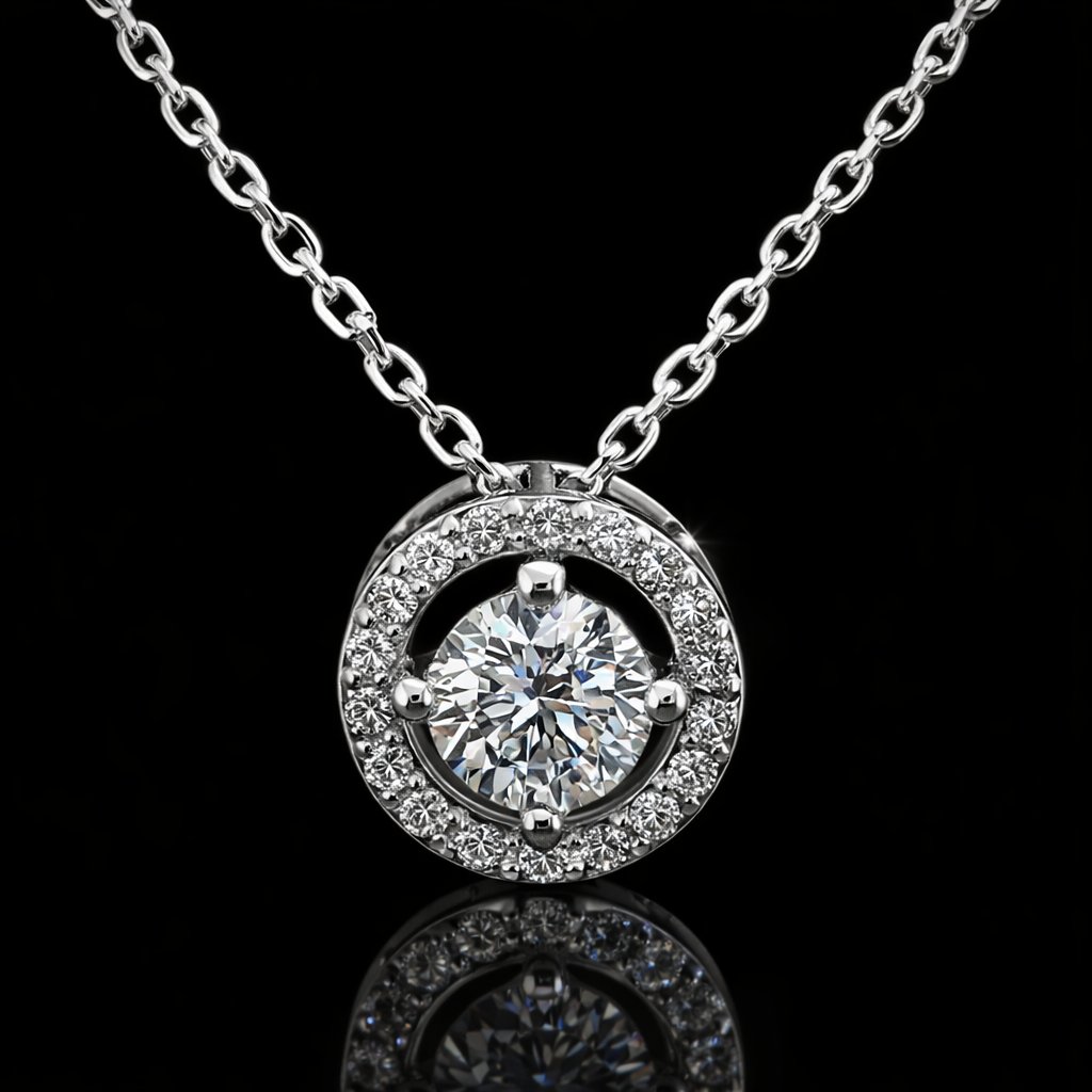 The Eternal Radiance Pendant: Floating Diamond Halo Pendent in Polished Silver