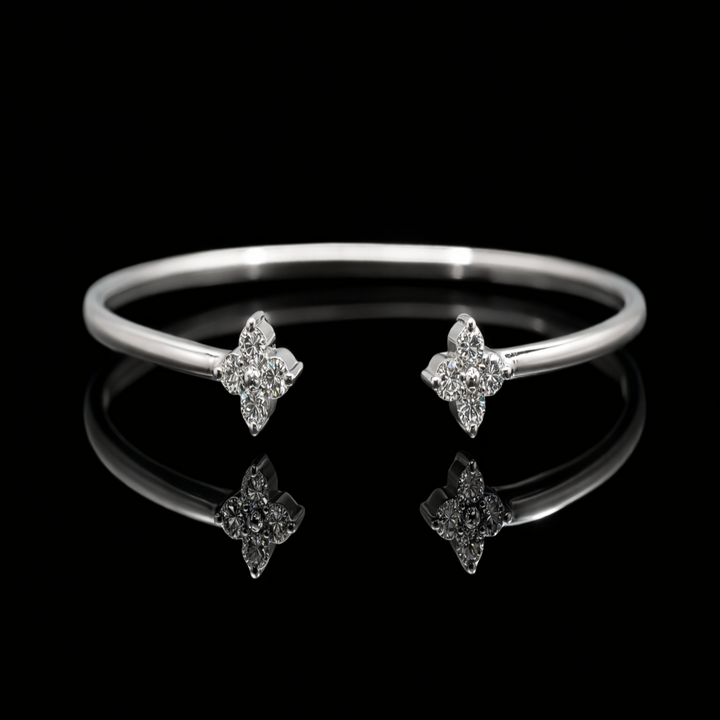 925 Sterling Silver Open Bangle Bracelet – Double Flower Quatrefoil Cuff – Sparkling Cubic Zirconia Bypass Bracelet for Women – Adjustable Jewelry Gift