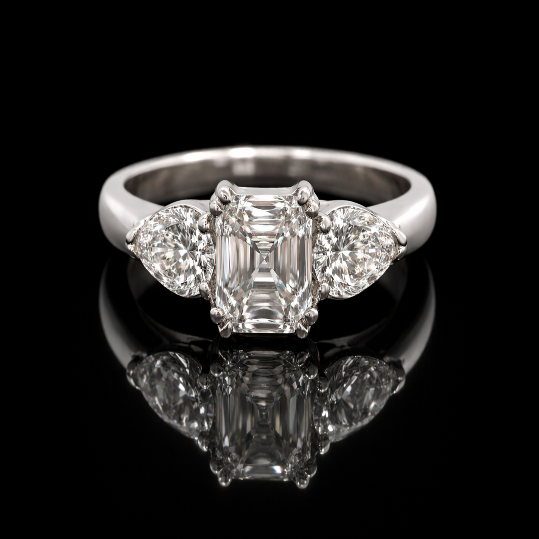 Sterling Silver Asscher Solitaire Ring - Pear Cut Side Stone Promise Ring for Women