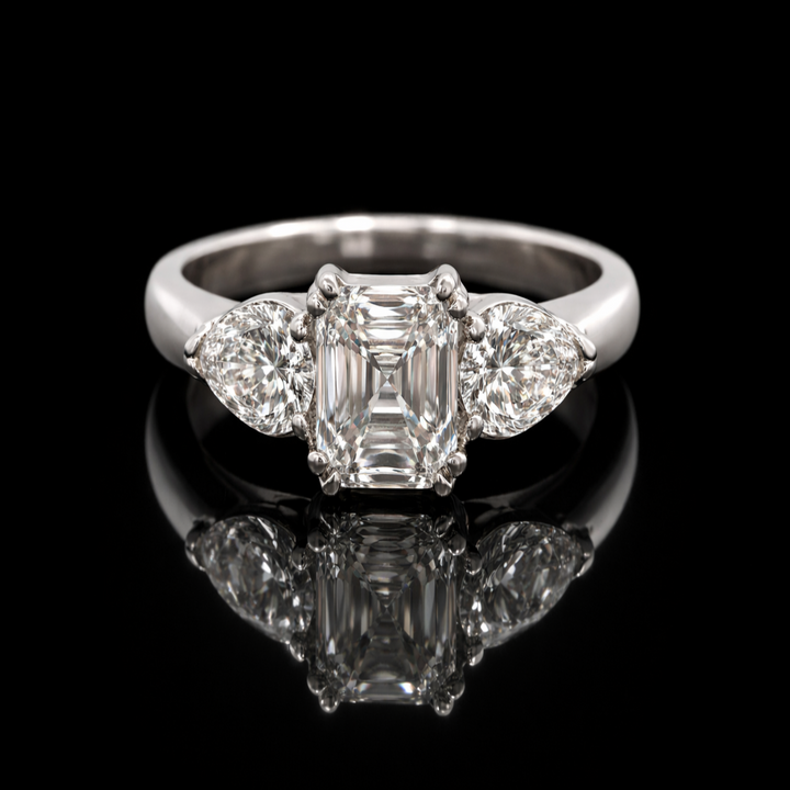 Sterling Silver Asscher Solitaire Ring - Pear Cut Side Stone Promise Ring for Women