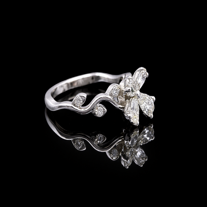 Unique Silver Floral Cluster Ring - Antique Style Pear Cut Zirconia Band - Fine Jewelry