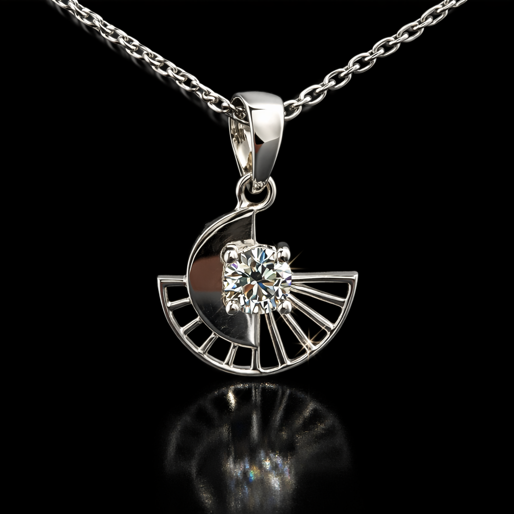 Silver Half-Moon Sunburst Pendent – Dainty Solitaire Geometric Charm for Everyday Elegance