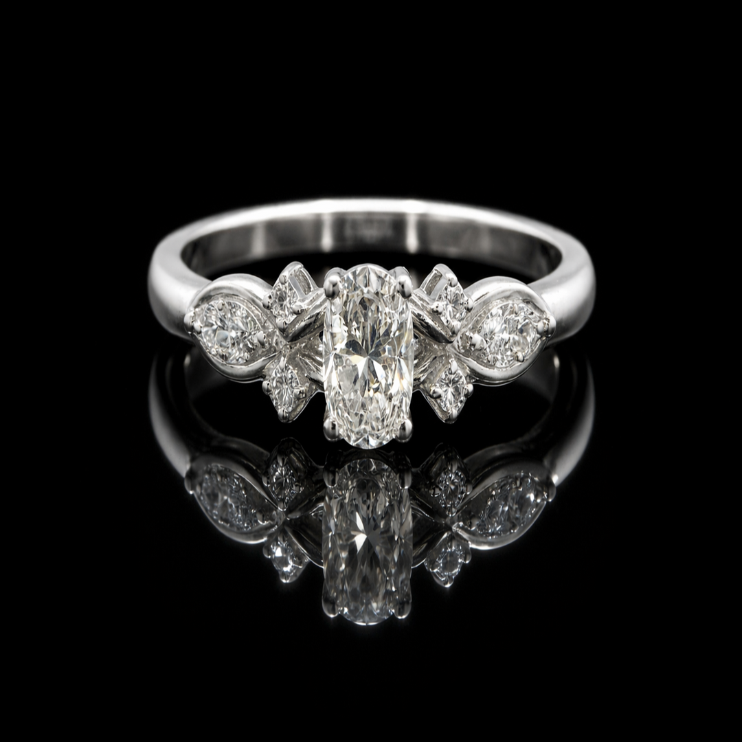 Vintage-Inspired Oval Silver Ring | Dainty Leaf &amp; Vine Zirconia Cluster Band