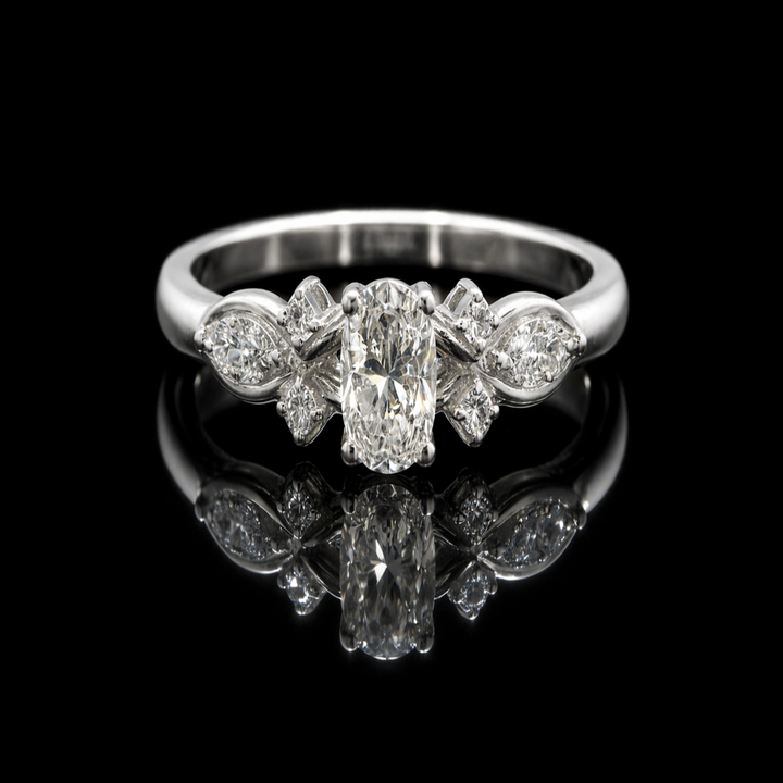 Vintage-Inspired Oval Silver Ring | Dainty Leaf &amp; Vine Zirconia Cluster Band